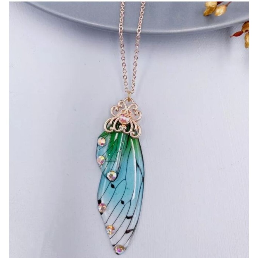 Delicate Realistic Transparent Blue Butterfly Wing Necklace